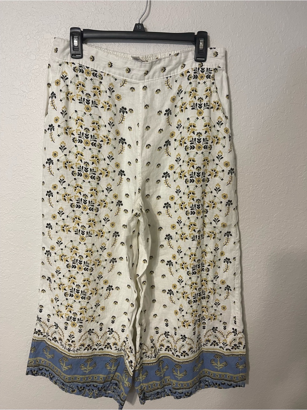 Women's White Floral Wide-Leg Linen pants with Yellow and Blue Border